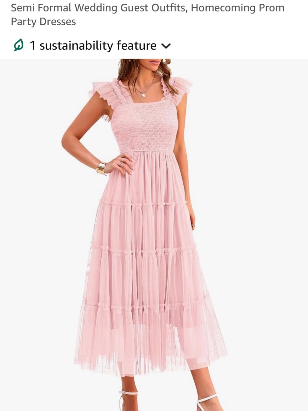 Blush Pink Smocked Bodice Tiered Midi Dress - Women's Wedding Guest Dress